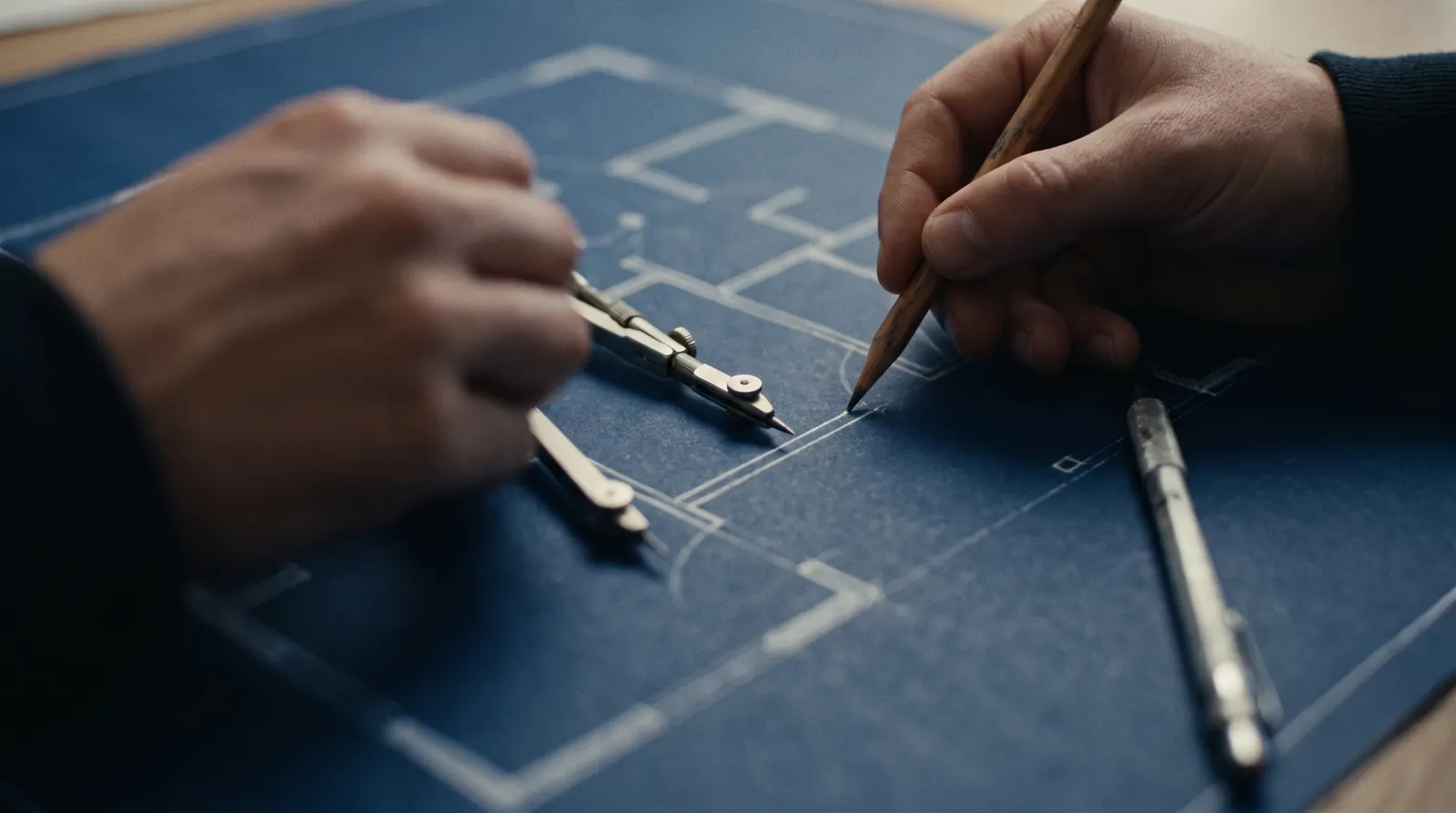 Hände arbeiten mit Zirkel und Bleistift an einem blauen Bauplan