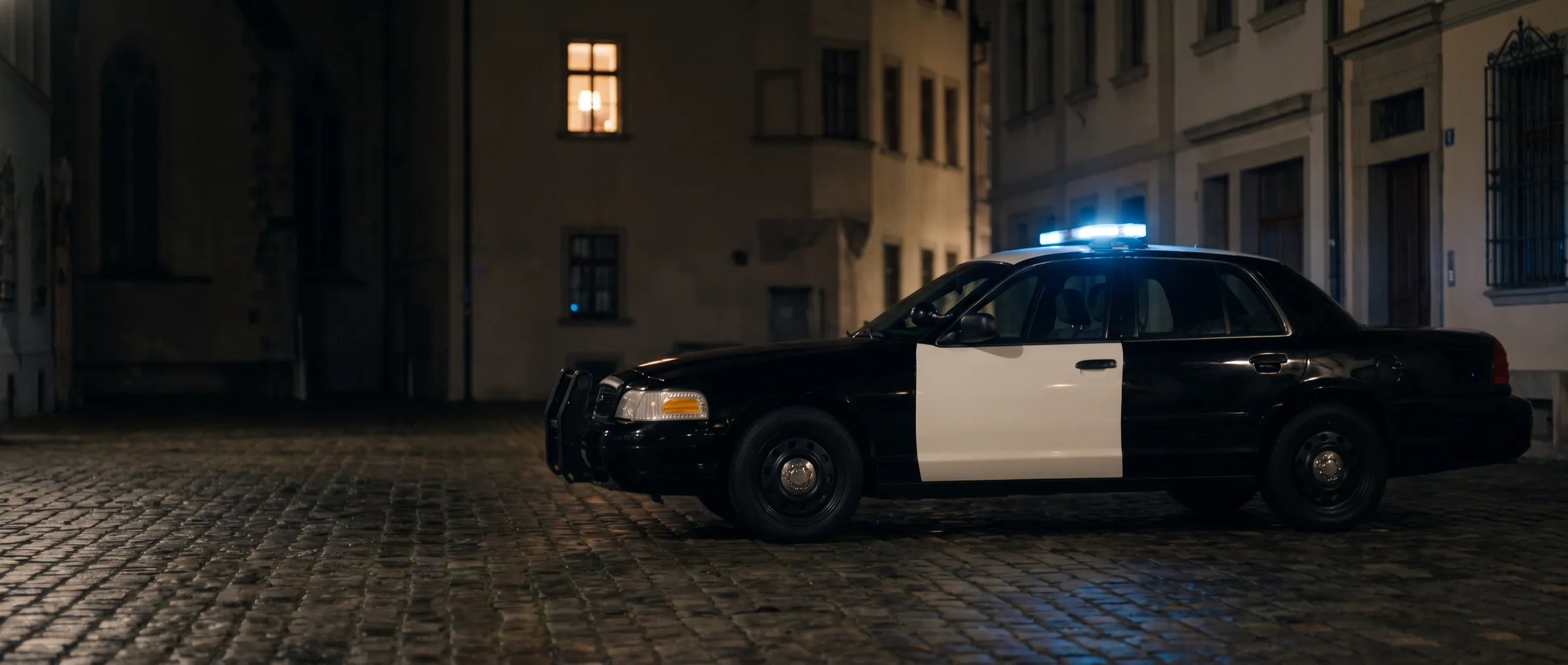 Schwarz-weißer Streifenwagen mit blauem Lichtbalken auf Kopfsteinpflaster vor Altstadthäusern bei Nacht