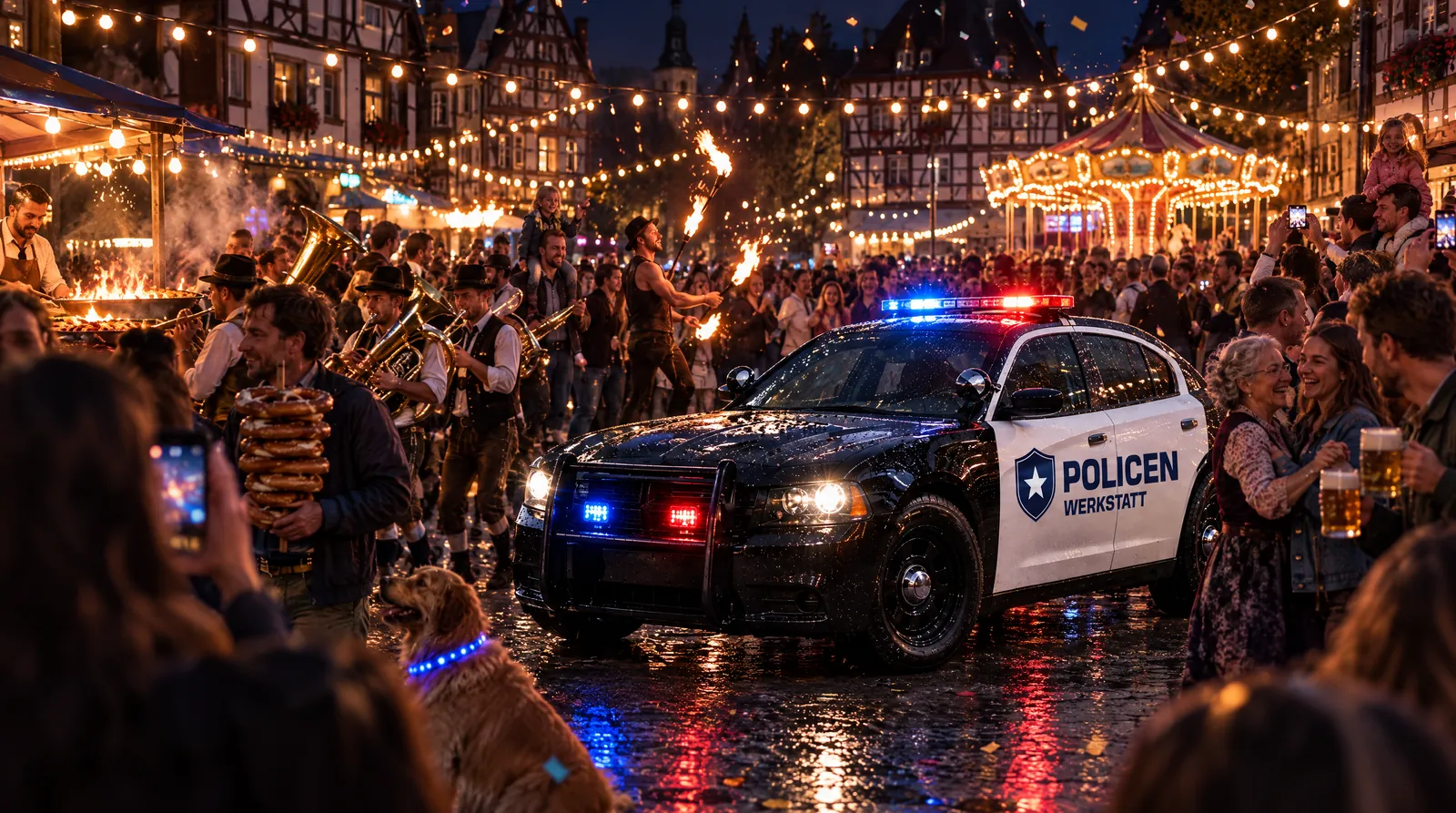 Der Streifenwagen steht mit blinkendem Lichtbalken mitten in einem nächtlichen Altstadtfest: Blaskapelle, Feuerjongleur, Kinder auf den Schultern ihrer Väter, eine ältere Frau tanzt, Menschen stoßen mit Bierkrügen an, darüber Lichterketten und ein leuchtendes Karussell