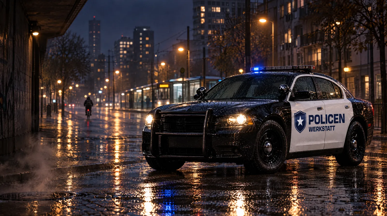 Nachts im Regen rollt der schwarz-weiße Streifenwagen der POLICEN Werkstatt aus einer Unterführung auf eine leere, nasse Innenstadtstraße, Scheinwerfer an, im Hintergrund eine erleuchtete Straßenbahnhaltestelle und ein einzelner Radfahrer