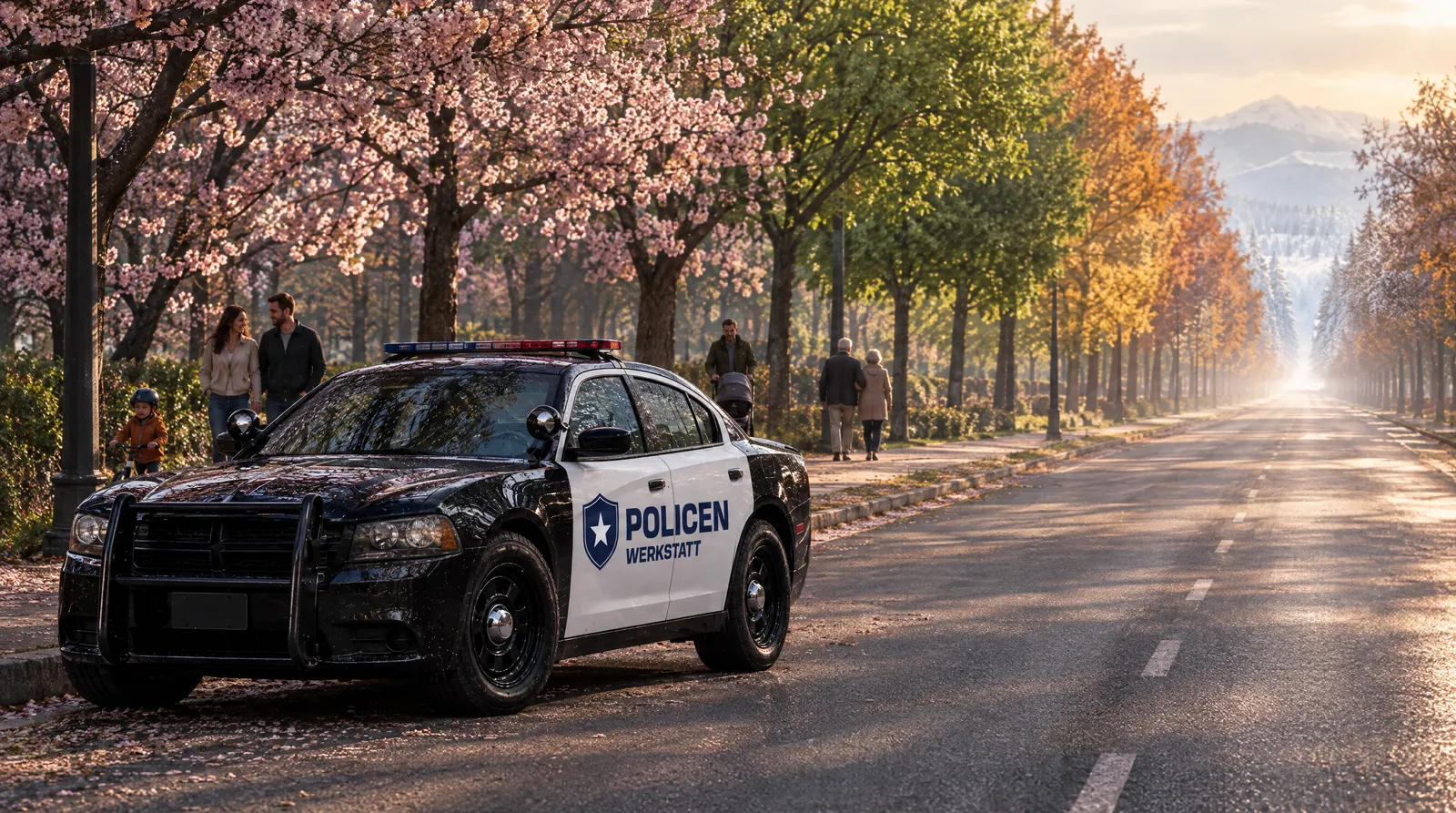 Der Streifenwagen parkt im Morgenlicht am Rand einer langen Allee, an der die Jahreszeiten wechseln: vorn Kirschblüte, dann Sommergrün, dann Herbstlaub, am Fluchtpunkt Schnee; auf dem Gehweg ein Kind auf dem Laufrad, ein junges Paar, ein Vater mit Kinderwagen, ein älteres Paar