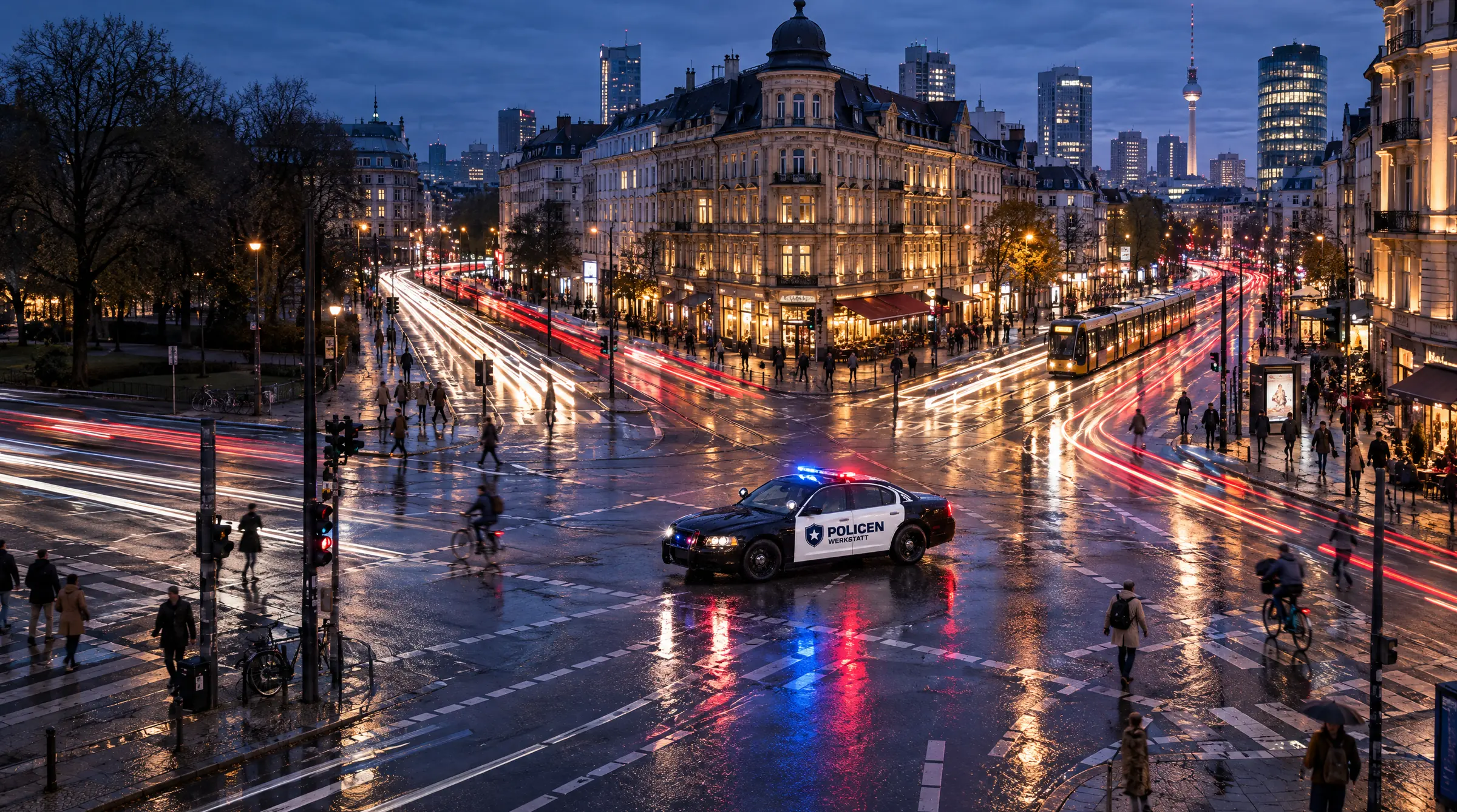 Blick von oben auf eine große Kreuzung zur blauen Stunde, der Streifenwagen steht mit eingeschaltetem Lichtbalken in der Mitte, Lichtspuren des Verkehrs führen in alle Richtungen