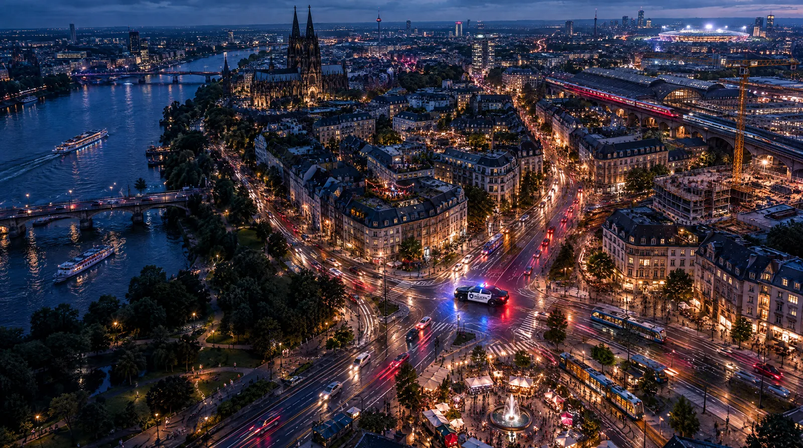 Eine ganze Großstadt zur blauen Stunde aus der Vogelperspektive mit Fluss, Brücken, Dom, Stadion und Baukran; auf einem sternförmigen Platz, von dem Straßen in alle Richtungen abgehen, fährt der Streifenwagen mit blinkendem Lichtbalken