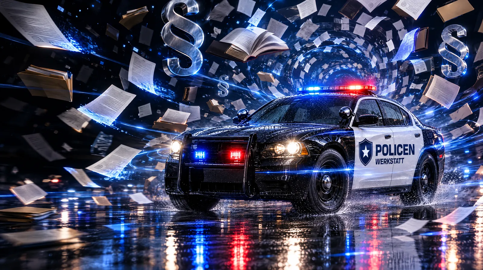 Der Streifenwagen fährt mit Blaulicht durch einen dunklen Raum, in dem Versicherungspolicen, Vertragsseiten, Gesetzbücher und große Paragraphenzeichen um ihn herumwirbeln, blaue Datenströme und Lichtlinien tasten den Wagen ab